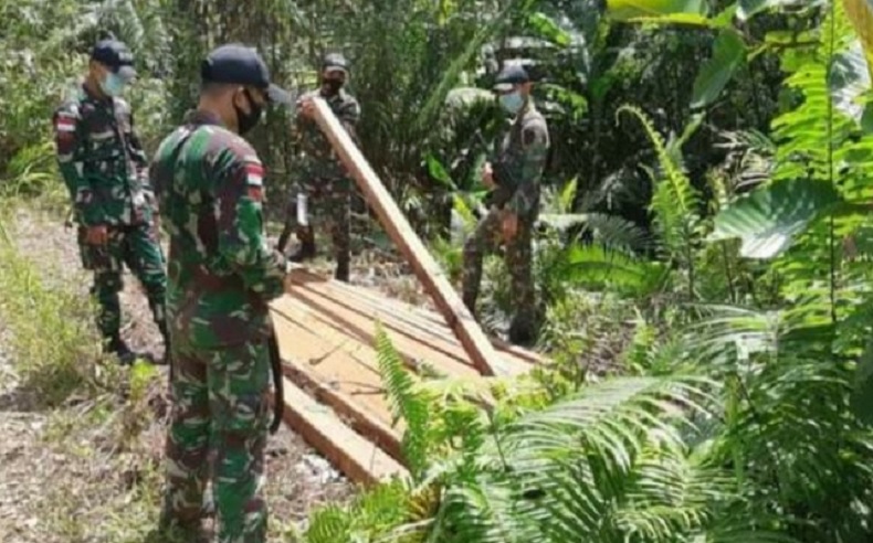 Puluhan Batang Kayu Hasil Pembalakan Liar Ditemukan di Jalan Tikus Perbatasan Malaysia