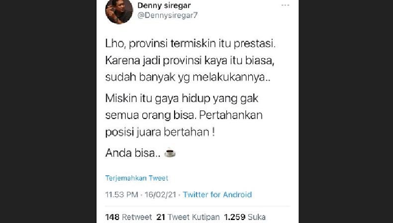  Cuitan Denny Siregar soal Aceh Berprestasi sebagai Provinsi Termiskin Bikin Netizen Kesal