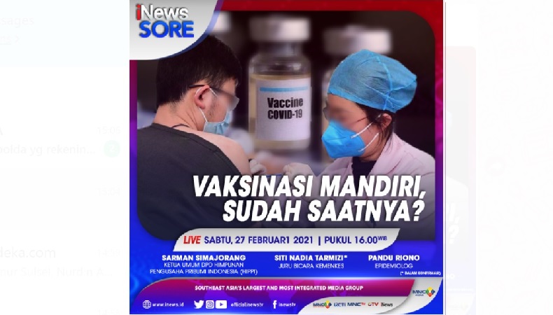Vaksinasi Mandiri, Sudah Saatnya? Saksikan Selengkapnya di iNews Sore Pukul 16.00 WIB
