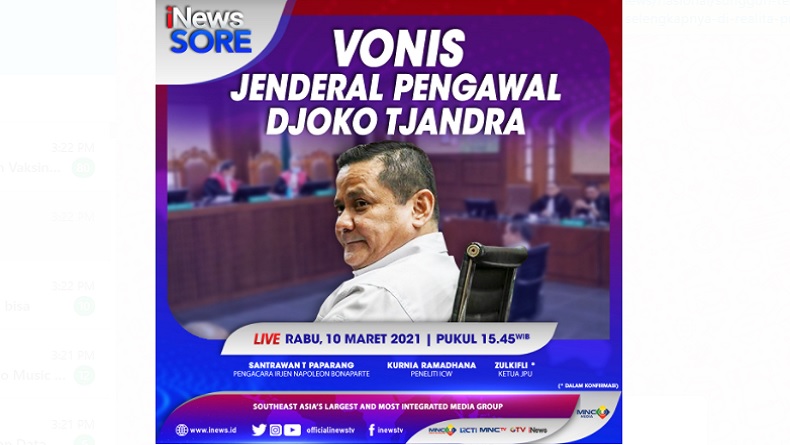Vonis Jenderal Pengawal Djoko Tjandra, Selengkapnya di iNews Sore Pukul 15.45 WIB