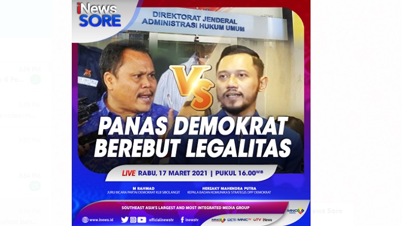 Panas Demokrat Berebut Legalitas, Simak di iNews Sore Rabu Pukul 16.00 WIB