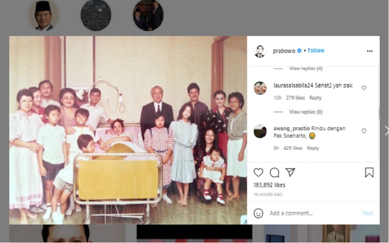 Prabowo Upload Foto Nostalgia Bareng Keluarga Cendana, Warganet Sebut Rindu Soeharto