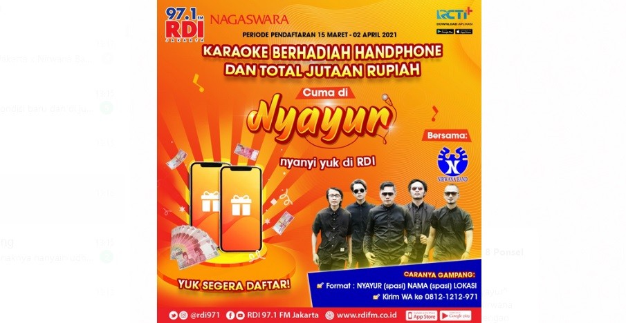 RDI 97.1 FM Jakarta x Nirwana Band Gelar Karaoke Berhadiah 8 Ponsel dan Uang Jutaan Rupiah, Daftar di Sini!
