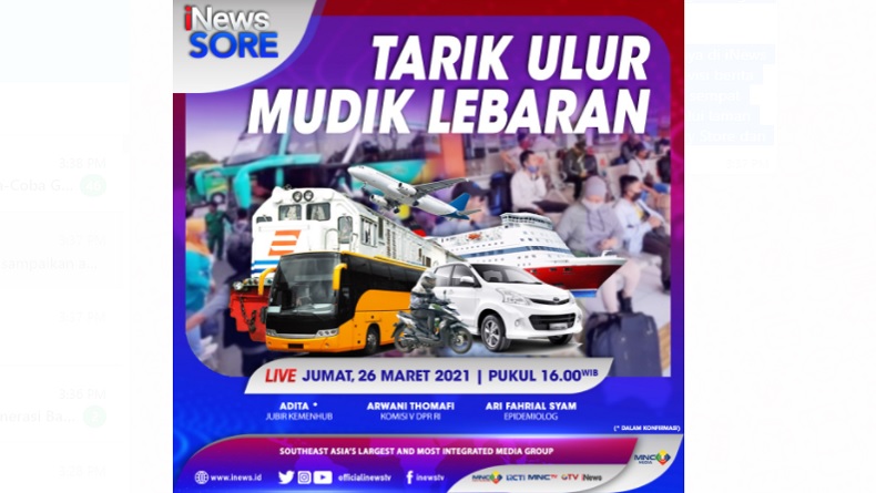 Tarik Ulur Mudik Lebaran, Selengkapnya di iNews Sore Jumat Pukul 16.00 WIB