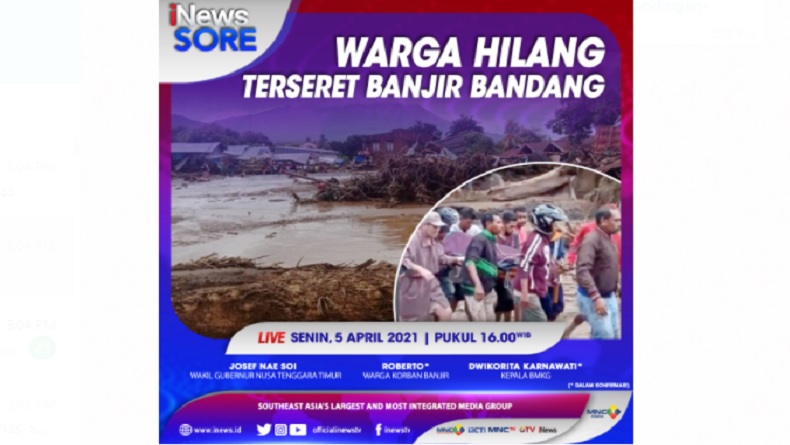 Warga Hilang Terseret Banjir Bandang, Simak di iNews Sore Senin Pukul 16.00 WIB