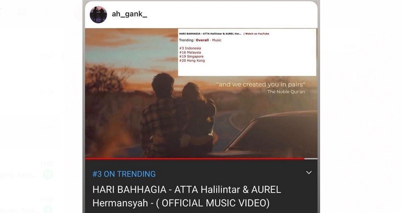 Lagu Hari Bahagia Atta dan Aurel Trending di Posisi 3 YouTube, Ditonton 4,5 Juta Kali