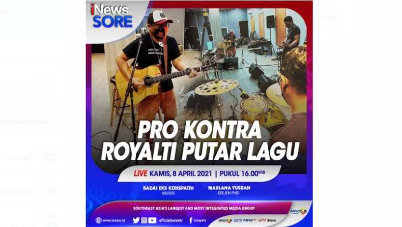 Putar Lagu Harus Bayar Royalti? Cek Pro Kontranya di iNews Sore Pukul 16.00 WIB Ini