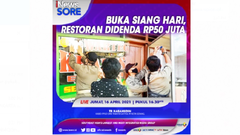 Restoran Buka Siang Hari Denda Rp50 Juta, Simak di iNews Sore Jumat Pukul 16.30 WIB