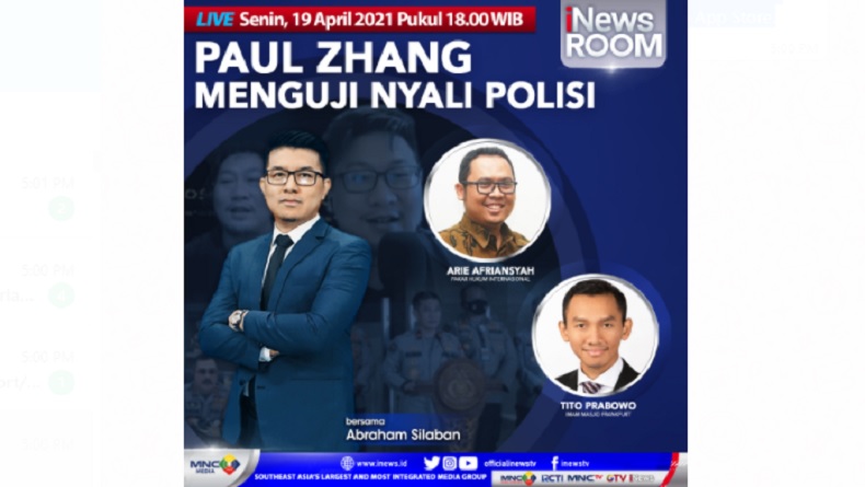 Paul Zhang Menguji Nyali Polisi, Selengkapnya di iNews Room Senin Pukul 18.00 WIB