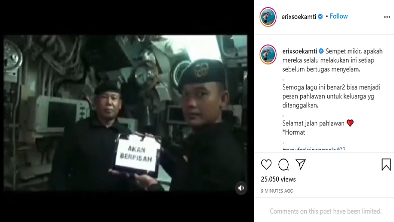 Erix Soekamti Kembali Bagikan Video Awak KRI Nanggala : Selamat Jalan Pahlawan