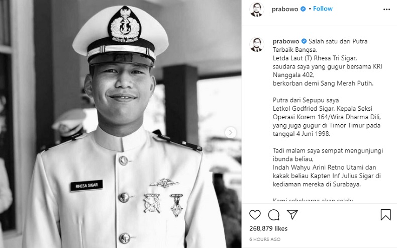 Menhan Prabowo Berduka, Ponakan Letda Rhesa Tri Sigar Gugur di KRI Nanggala 402