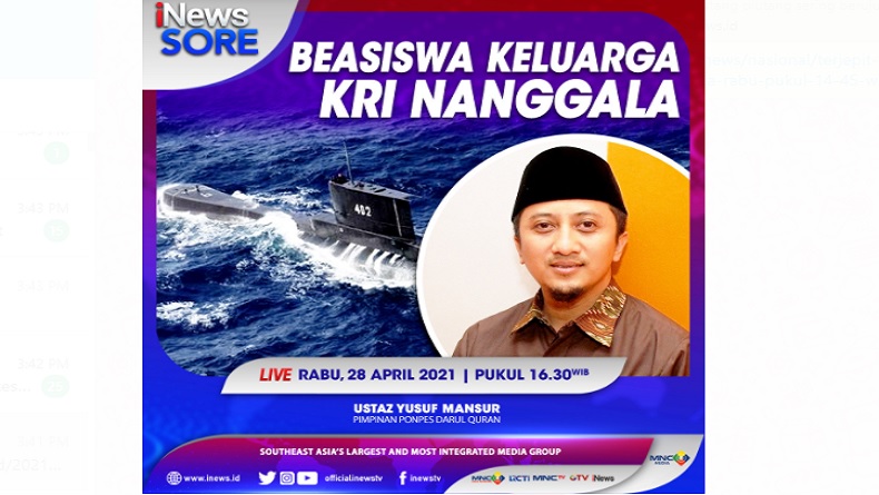 Beasiswa Keluarga KRI Nanggala, Selengkapnya di iNews Sore Rabu Pukul 16.30 WIB