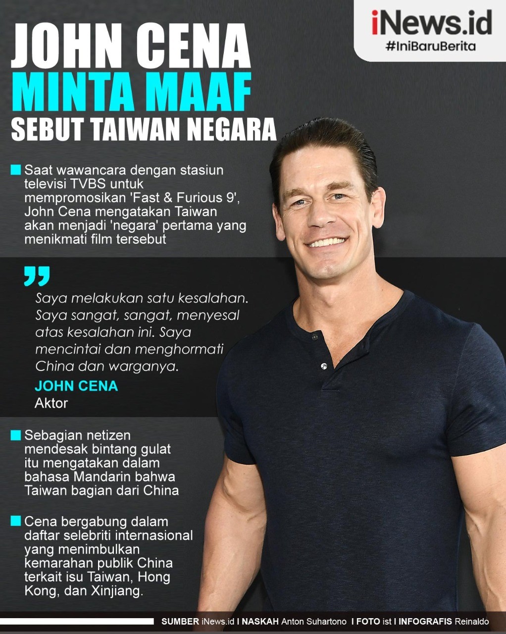 Infografis Aktor John Cena Minta Maaf ke Publik China gara-gara Sebut Taiwan Negara