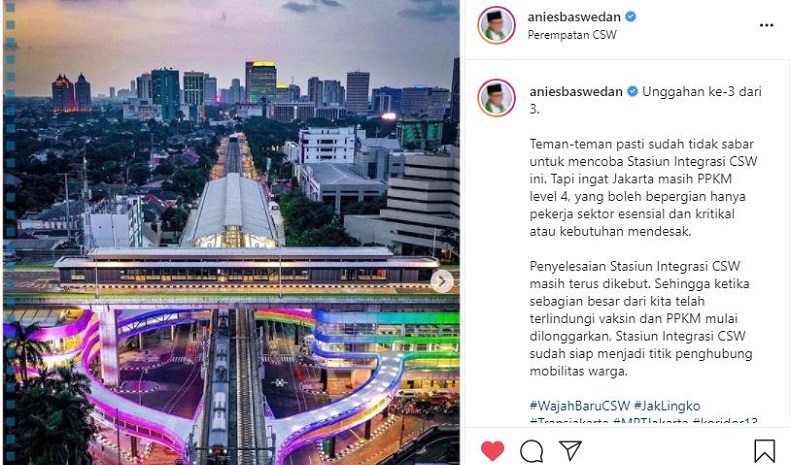 Unggah Foto Stasiun Integrasi CSW, Anies: Warga Jakarta Pasti Sudah Tidak Sabar