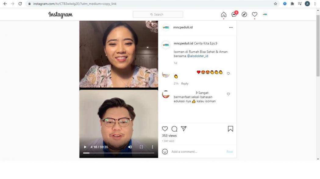 IG Live MNC Peduli x Alodokter, Jessica Tanoesoedibjo: Agar Aman, Konsultasi ke Dokter Saat Isoman