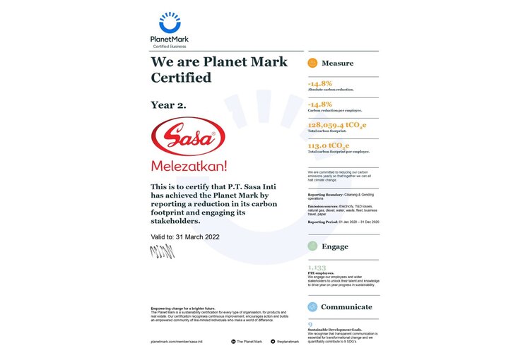 Konsisten Kurangi Jejak Karbon, PT Sasa Inti Raih Sertifikasi The Planet Mark
