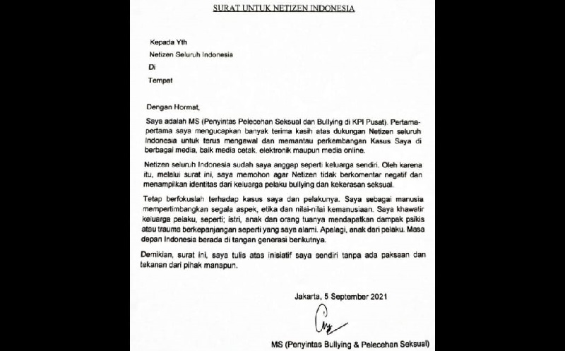 Tulis Surat Terbuka, Pegawai KPI Korban Pelecehan Minta Netizen Tak Bully Terduga Pelaku