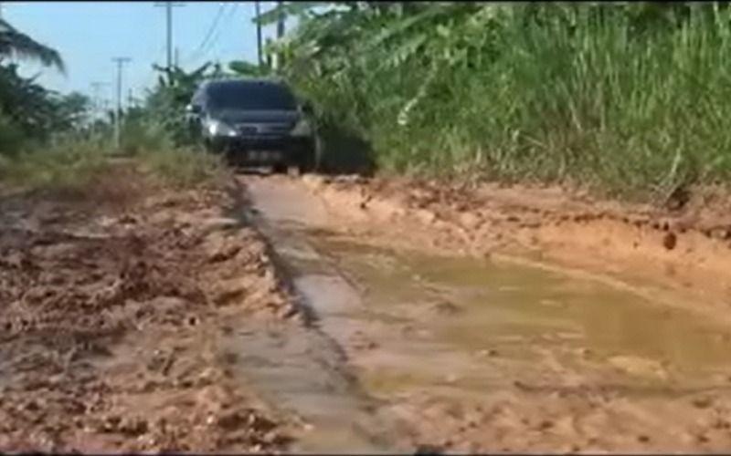 Jalan Penghubung 7 Desa di Pemulutan Selatan Ogan Ilir Berlubang dan Berlumpur