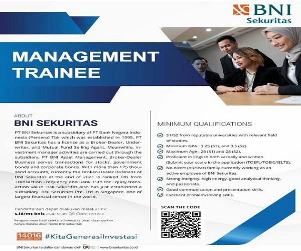 BNI Sekuritas Buka Lowongan Kerja untuk Lulusan S1 dan S2, Berikut Kualifikasinya