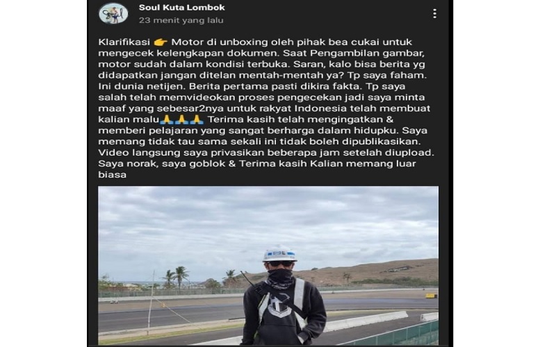 Viral Unboxing Motor Balap Tanpa Izin di Sirkuit Mandalika, Ini Klarifikasi Pekerja