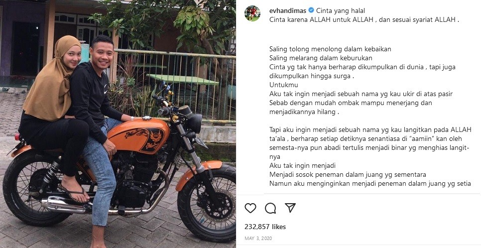 Unggah Foto Bonceng Istri Naik Motor, Evan Dimas Tuliskan Kata Romantis Bikin Netizen Baper