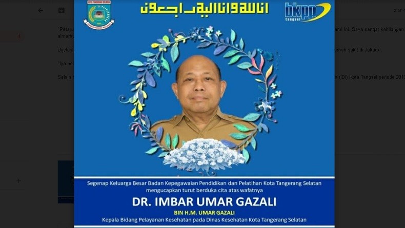 Sempat Dirawat karena Covid-19, Kabid Pelayanan Kesehatan Dinkes Kota Tangsel Meninggal