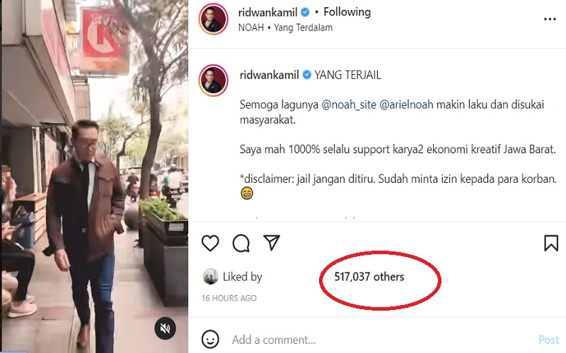 Bak Model Video Klip Noah Yang Terdalam, Ridwan Kamil Panen Setengah Juta Like
