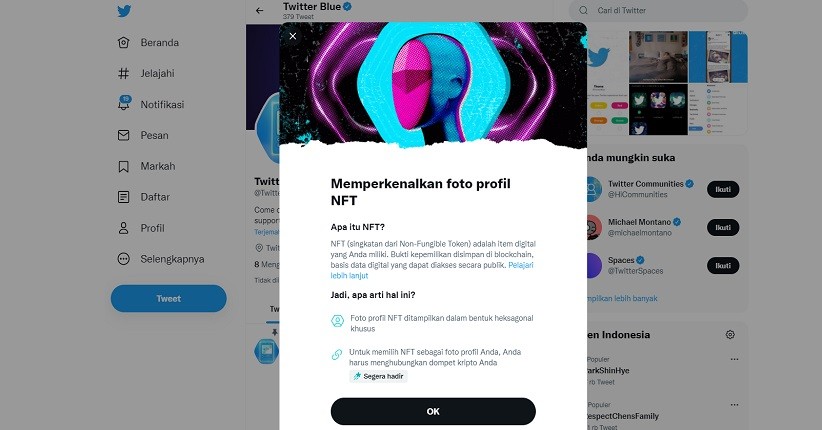 Twitter Gulirkan Gambar Profile NFT, tapi Baru Tersedia untuk Blue Subscribers