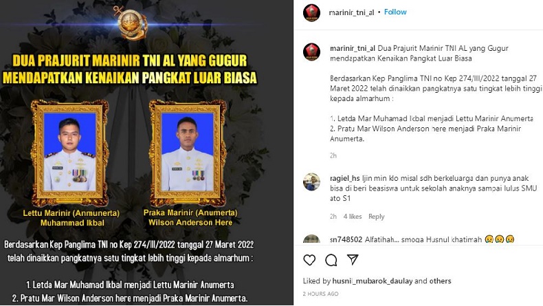 Gugur saat Bertugas di Papua, 2 Marinir TNI AL Dapat Kenaikan Pangkat Luar Biasa