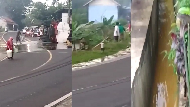 Ketika Warga Cipaku Ciamis Selamatkan Minyak Goreng yang Mengalir di Jalan dan Selokan 