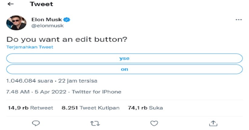 Usai Beli Saham Twitter, Elon Musk Bikin Jajak Pendapat soal Tombol Edit