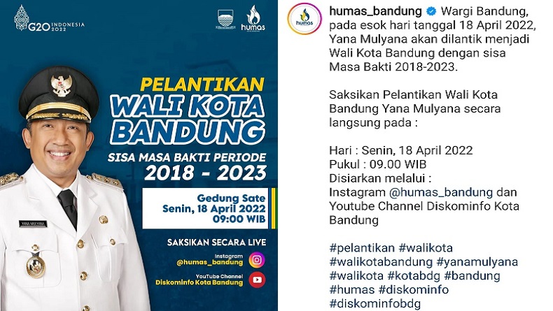 Yana Mulyana Dilantik Jadi Wali Kota Bandung Definitif Hari Ini, Disiarkan Langsung di Instagram
