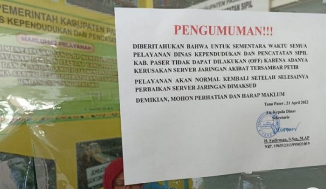 Server Rusak Disambar Petir, Disdukcapil Paser Hentikan Sementara Pelayanan Adminduk
