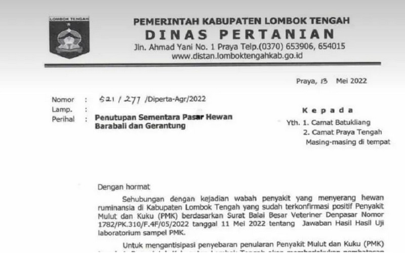 Cegah Penyebaran PMK, Semua Pasar Hewan di Loteng Ditutup