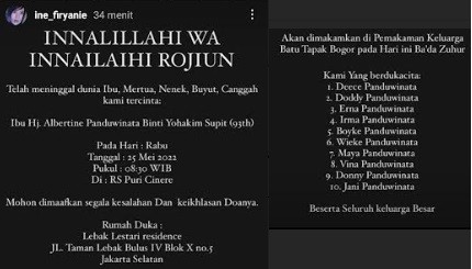 Ibu Penyanyi Senior Vina Panduwinata Meninggal Dunia