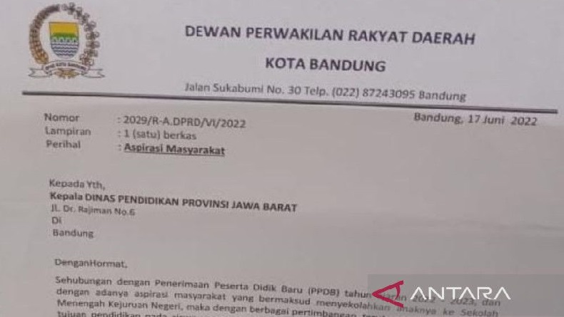Heboh, Beredar Surat Legislator Kota Bandung Titip Siswa agar Diterima di Sekolah Negeri