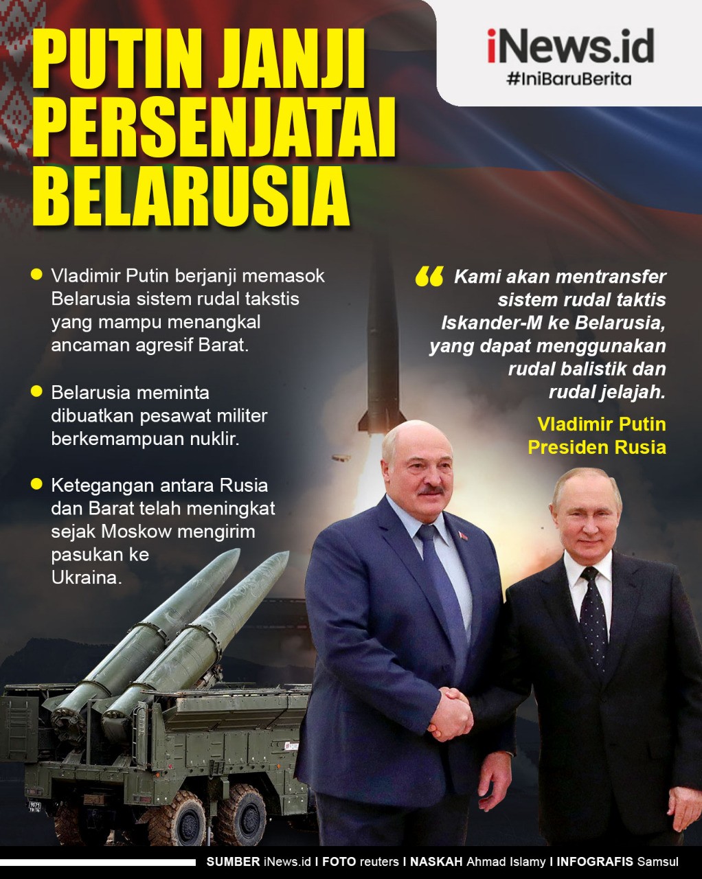Infografis Putin Janji Persenjatai Belarusia dengan Rudal Berkemampuan Nuklir