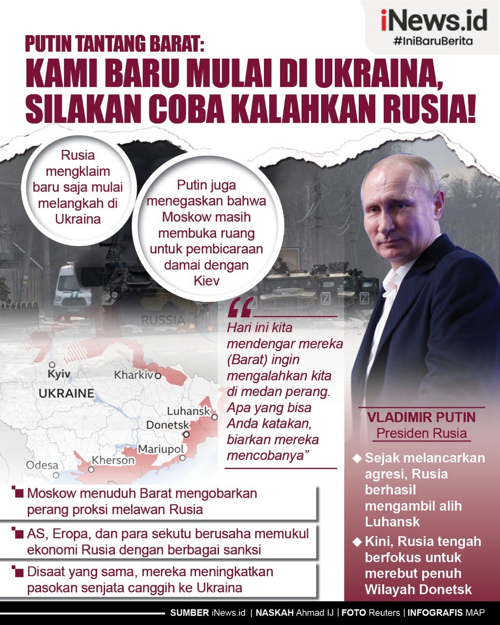 Vladimir Putin Tantang Barat Kalahkan Rusia di Medan Perang