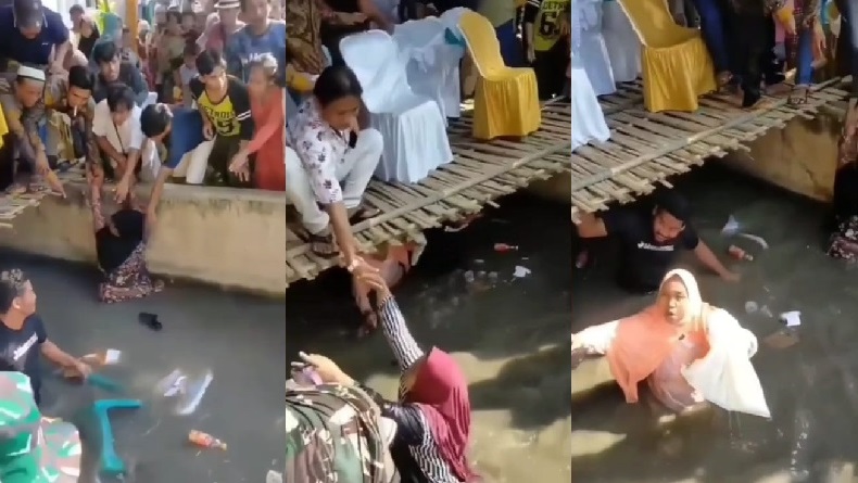 Heboh, Panggung Hajatan untuk Tamu Ambruk, Puluhan Emak-Emak Tercebur ke Irigasi