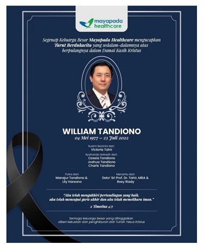 William Tandiono, Menantu Dato Sri Tahir,  Meninggal Dunia  