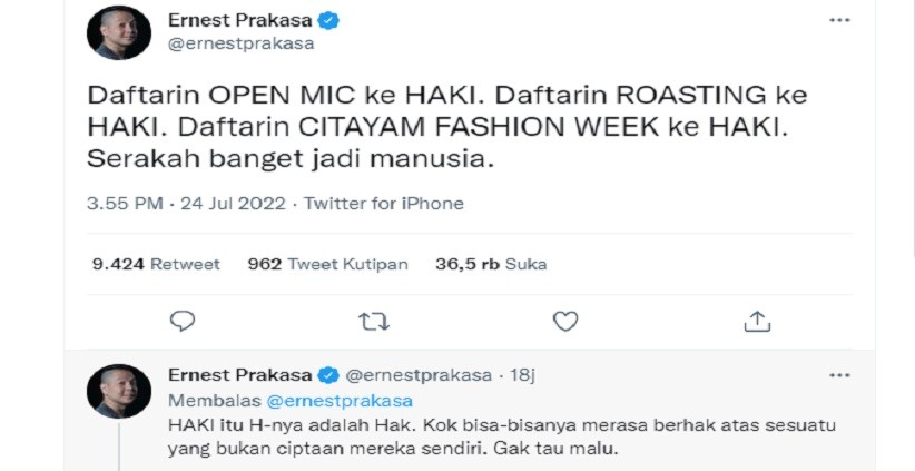 Ernest Prakasa Sindir Baim Wong yang Ingin Patenkan Citayam Fashion Week: Tolong Pake Hati Nuraninya