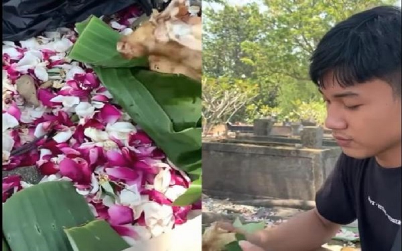 Viral Aksi Pemuda Makan Sasejen Kuburan, Ayam Goreng untuk Leluhur Disantap Habis