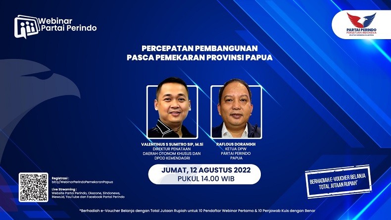 Besok, Webinar Partai Perindo Bahas Tantangan dan Percepatan Pembangunan Pasca Pemekaran Provinsi Papua