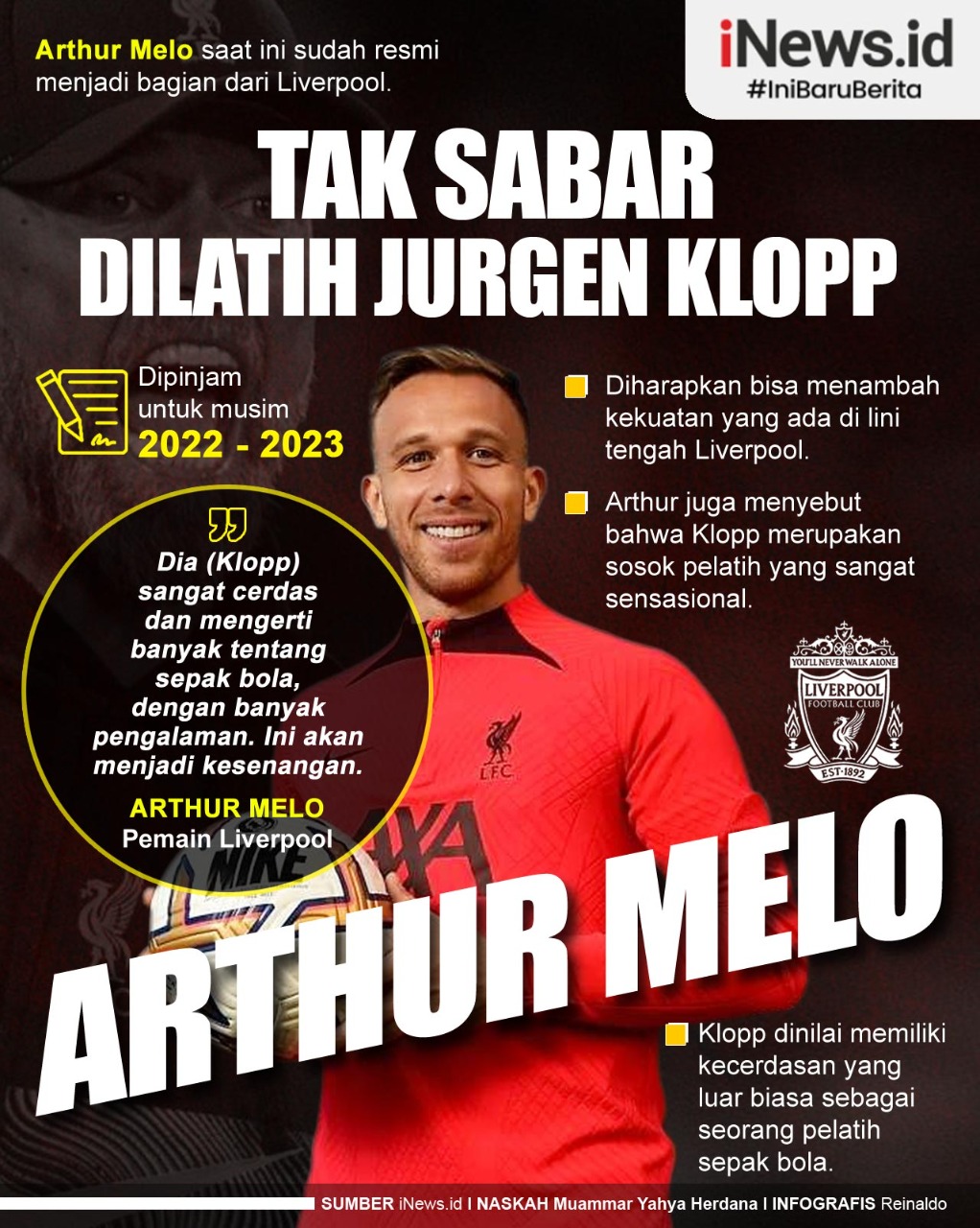 Infografis Arthur Mello Tak Sabar Dilatih Jurgen Klopp di Liverpool