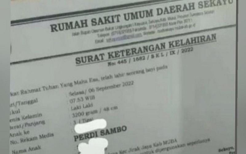 Viral! Bayi Diberi Nama Perdi Sambo di Musi Banyuasin 