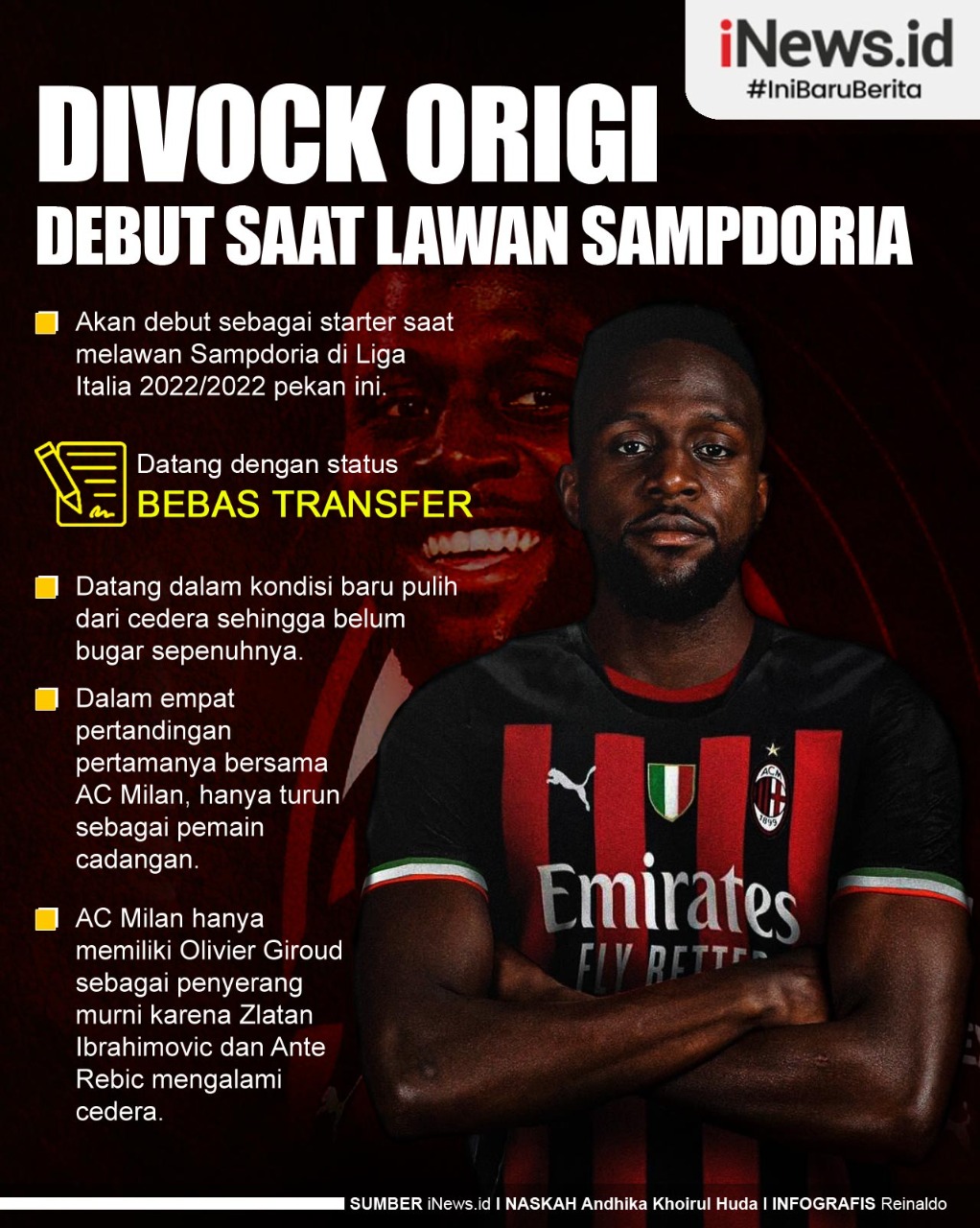 Infografis Divock Origi Debut saat AC Milan Vs Sampdoria