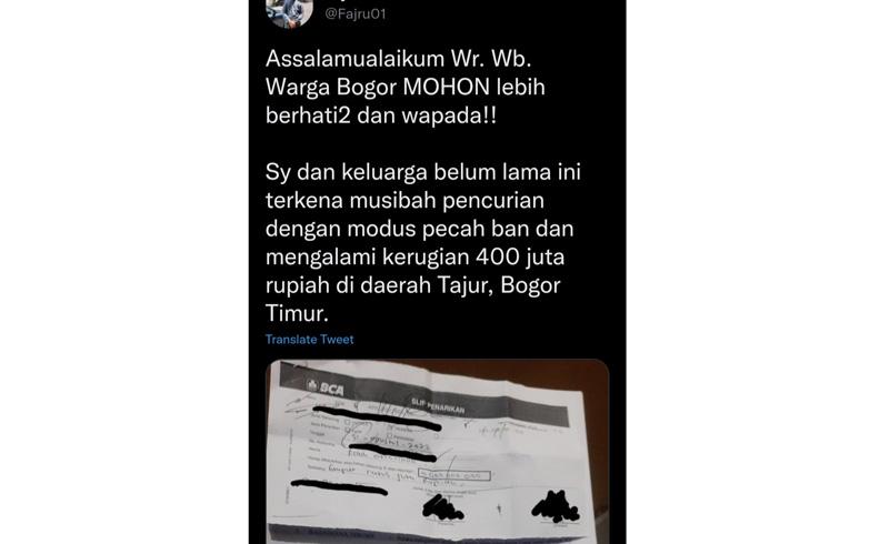  Aksi Pencurian Modus Pecah Ban di Bogor, Korban Curhat Uang Rp400 Juta Raib