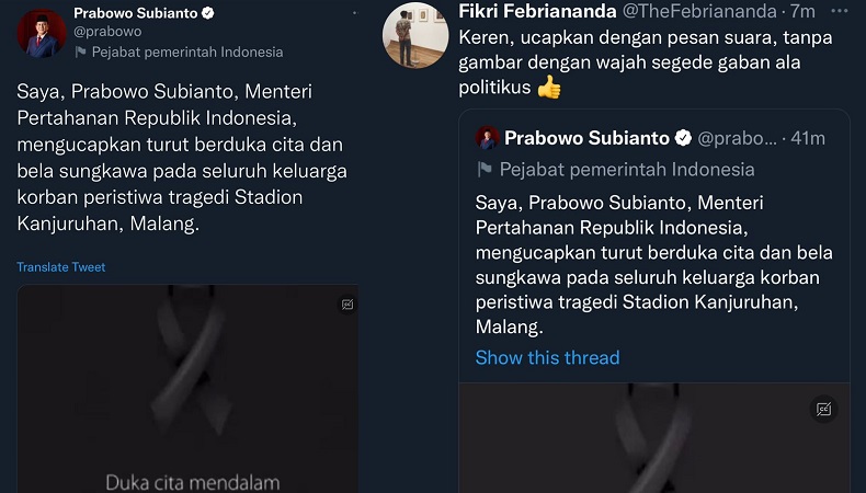 Prabowo Tuai Pujian Warganet karena Tak Tampilkan Wajah saat Sampaikan Belasungkawa Tragedi Kanjuruhan