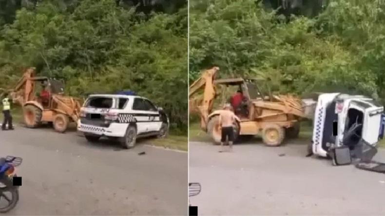 Jengkel Ditilang, Pria Ini Tabrak Mobil Polantas Pakai Buldoser