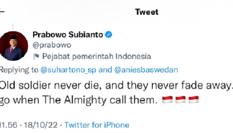 Anies Ucapkan Selamat Ulang Tahun, Prabowo Jawab Netizen : Old Soldier Never Die